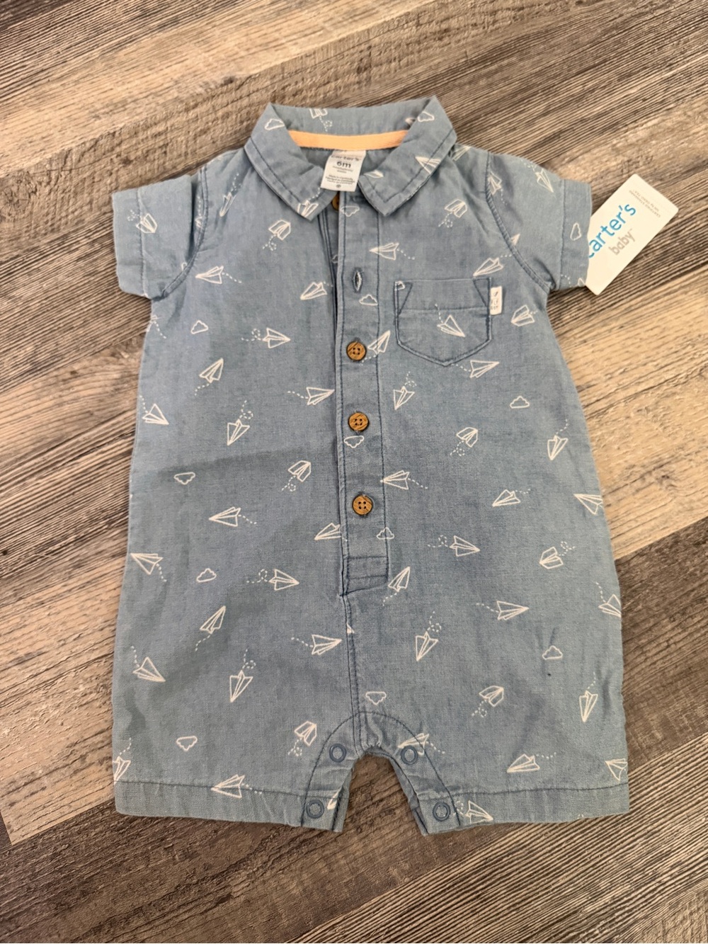 NWT Carter’s Chambray Paper Airplane Romper 6 Months Button Front Shortall Denim